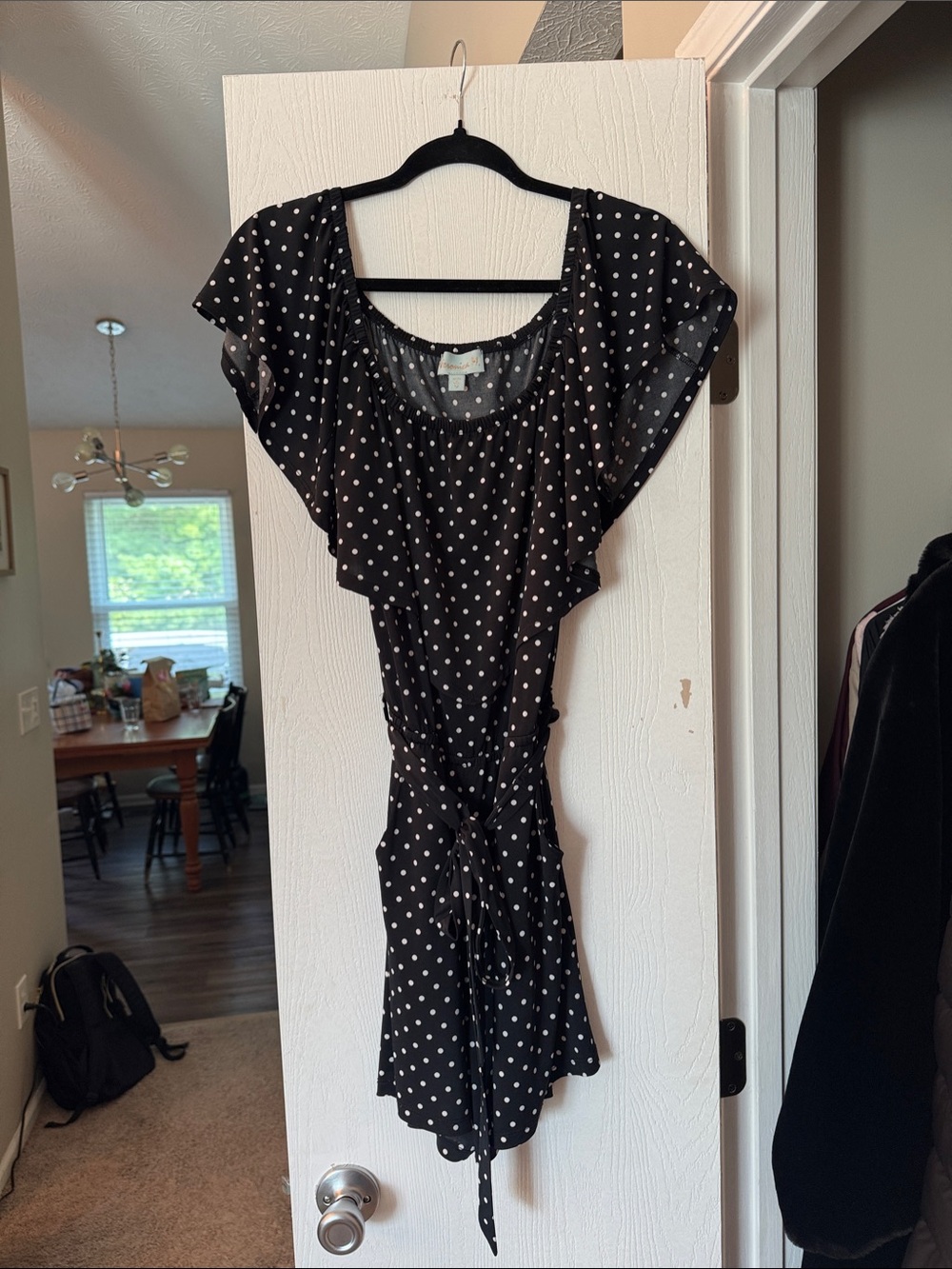 Off the shoulder Black Polka Dot Tie-Waist romper